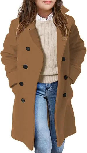 Girls Coat Double Breasted Notched Collar Wool Blend Long Trench Coat Winter Warm Peacoat Dress Coat with Pockets
