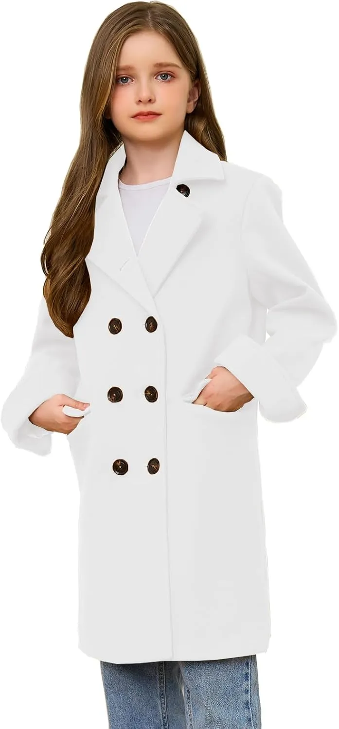 Girls Coat Double Breasted Notched Collar Wool Blend Long Trench Coat Winter Warm Peacoat Dress Coat with Pockets