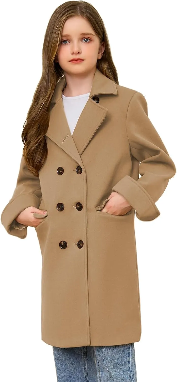 Girls Coat Double Breasted Notched Collar Wool Blend Long Trench Coat Winter Warm Peacoat Dress Coat with Pockets