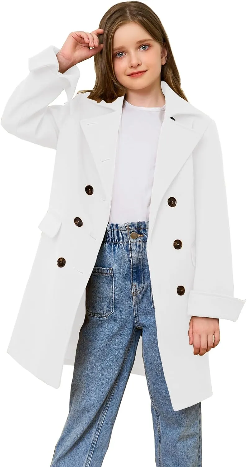 Girls Coat Double Breasted Notched Collar Wool Blend Long Trench Coat Winter Warm Peacoat Dress Coat with Pockets