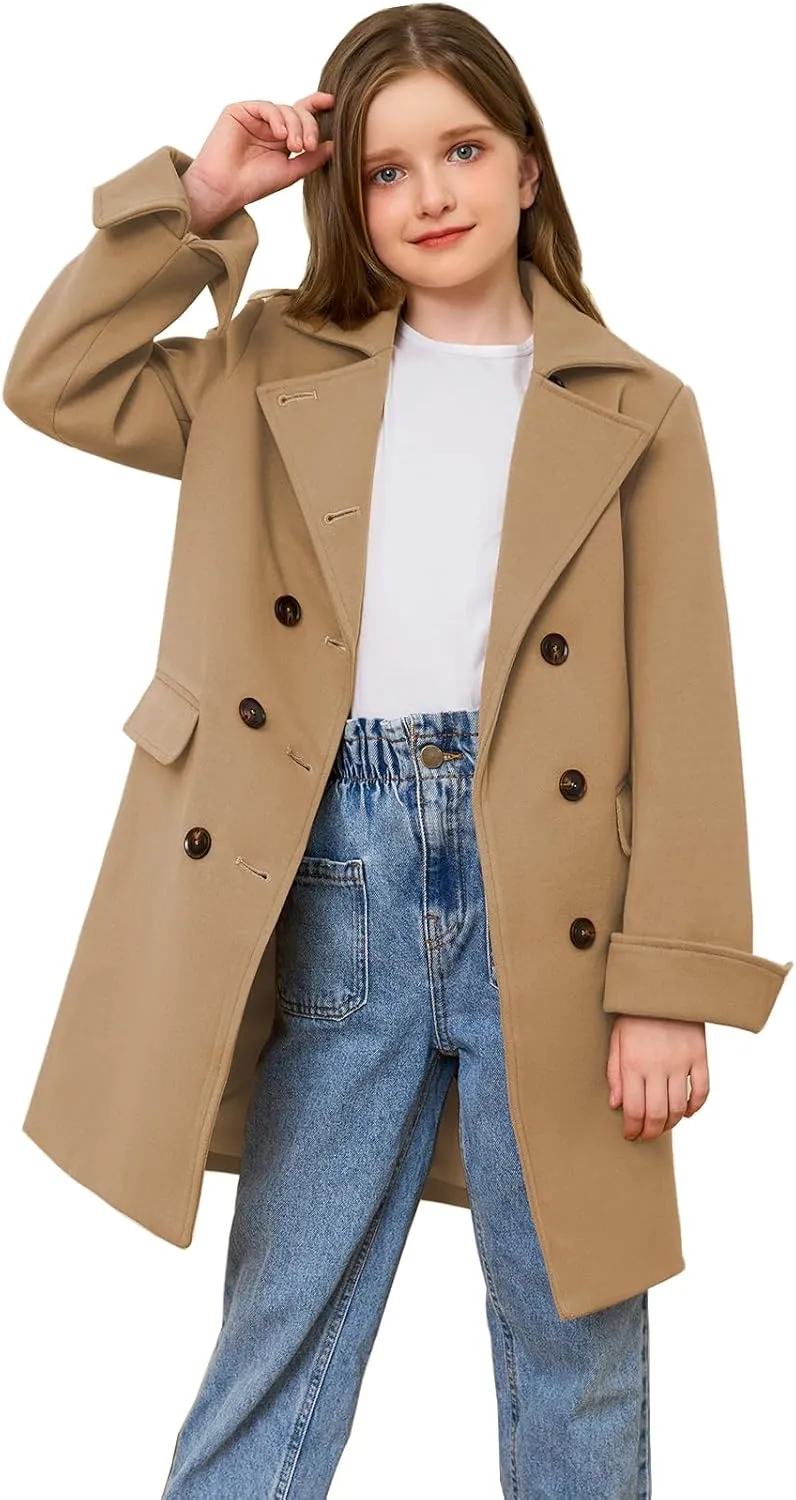Girls Coat Double Breasted Notched Collar Wool Blend Long Trench Coat Winter Warm Peacoat Dress Coat with Pockets