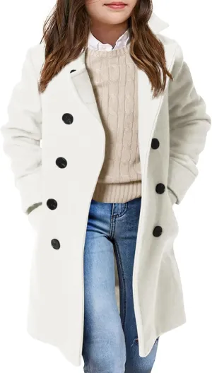 Girls Coat Double Breasted Notched Collar Wool Blend Long Trench Coat Winter Warm Peacoat Dress Coat with Pockets