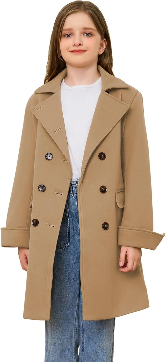 Girls Coat Double Breasted Notched Collar Wool Blend Long Trench Coat Winter Warm Peacoat Dress Coat with Pockets