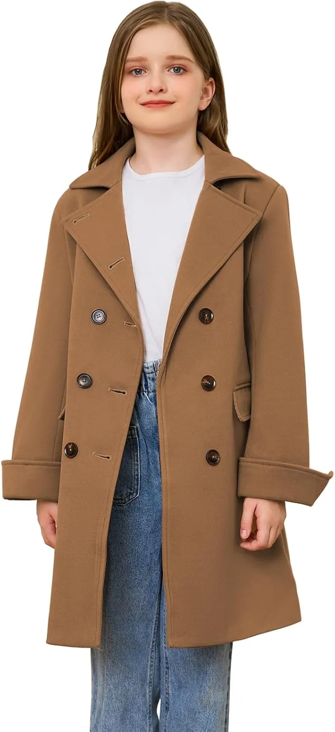 Girls Coat Double Breasted Notched Collar Wool Blend Long Trench Coat Winter Warm Peacoat Dress Coat with Pockets