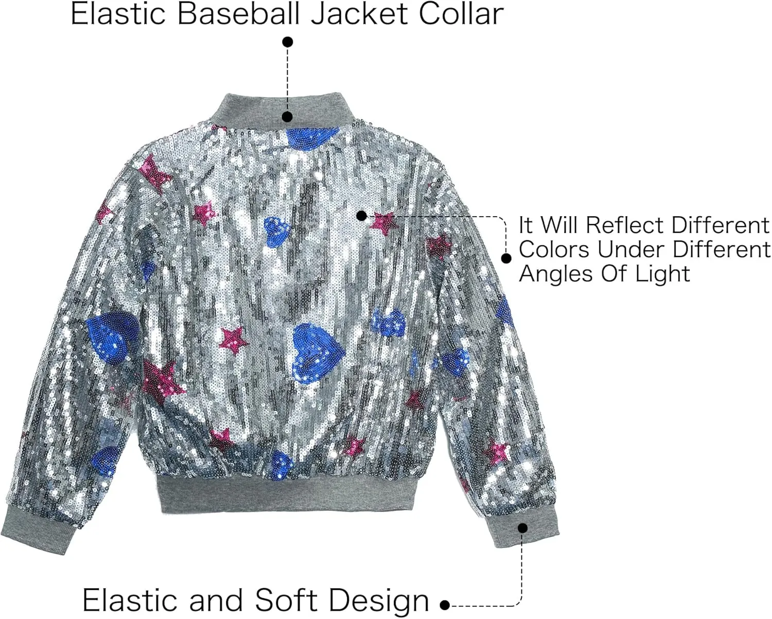 Girls Sequin Bomber Jacket Sparkly Bomber Outfit Long Sleeve Zipper Bright Colors 5-12T