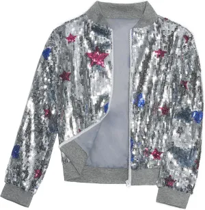 Girls Sequin Bomber Jacket Sparkly Bomber Outfit Long Sleeve Zipper Bright Colors 5-12T