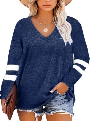 Gloria&Sarah Womens Plus Size Tops V Neck T Shirt Color Block Long Sleeve Casual Tunic Tops