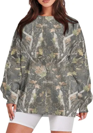 GOFULY Camo Sweatshirt For Women Crewneck Fall Oversized Y2k Camo Shirt Pullover Long Sleeve Maple Leaf Print Travel Clothes