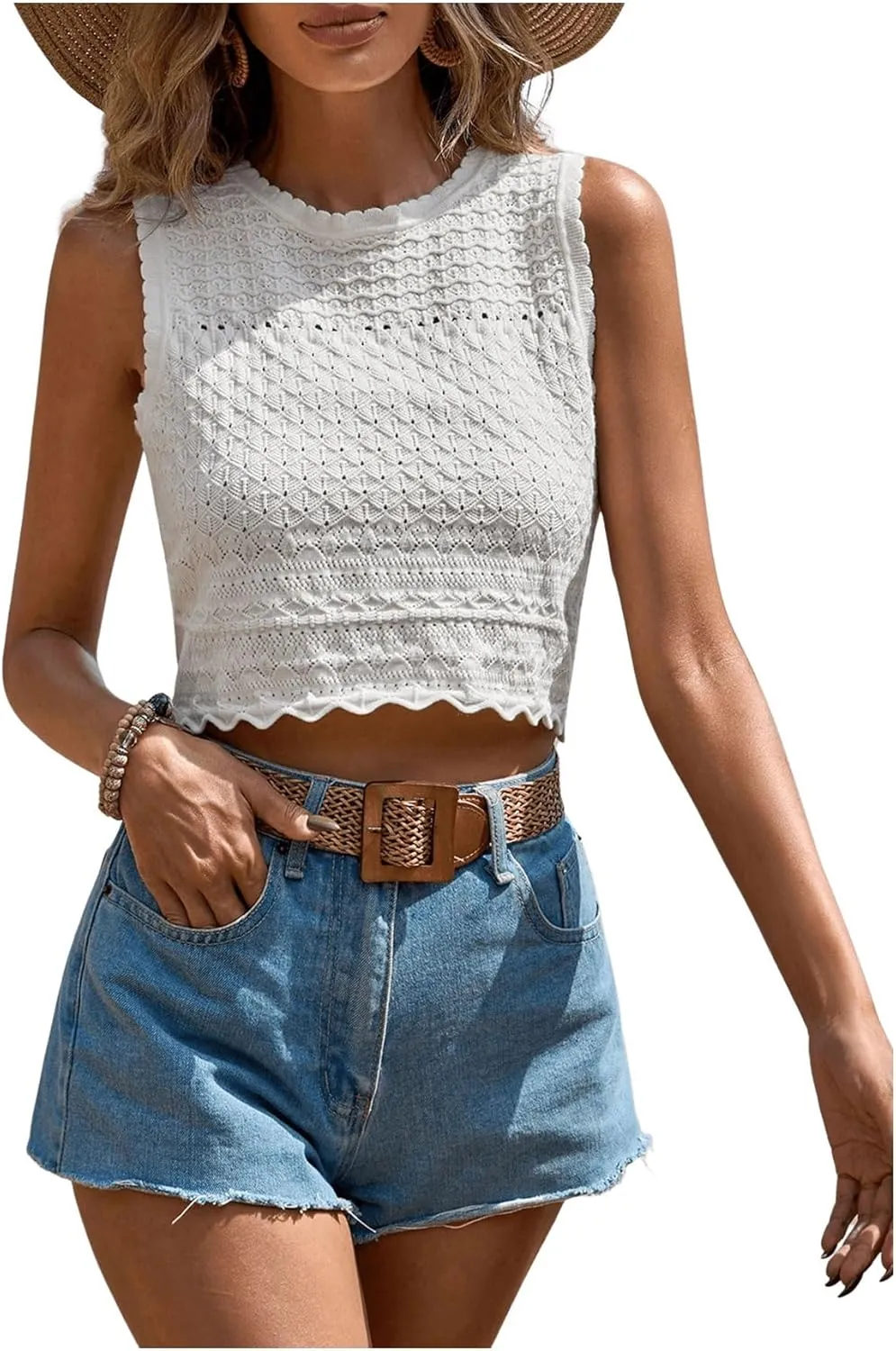 GORGLITTER Women's Crochet Tank Tops Sleveless Crew Neck Knit Lightweight Sweater Vest Button Back Summer Tops