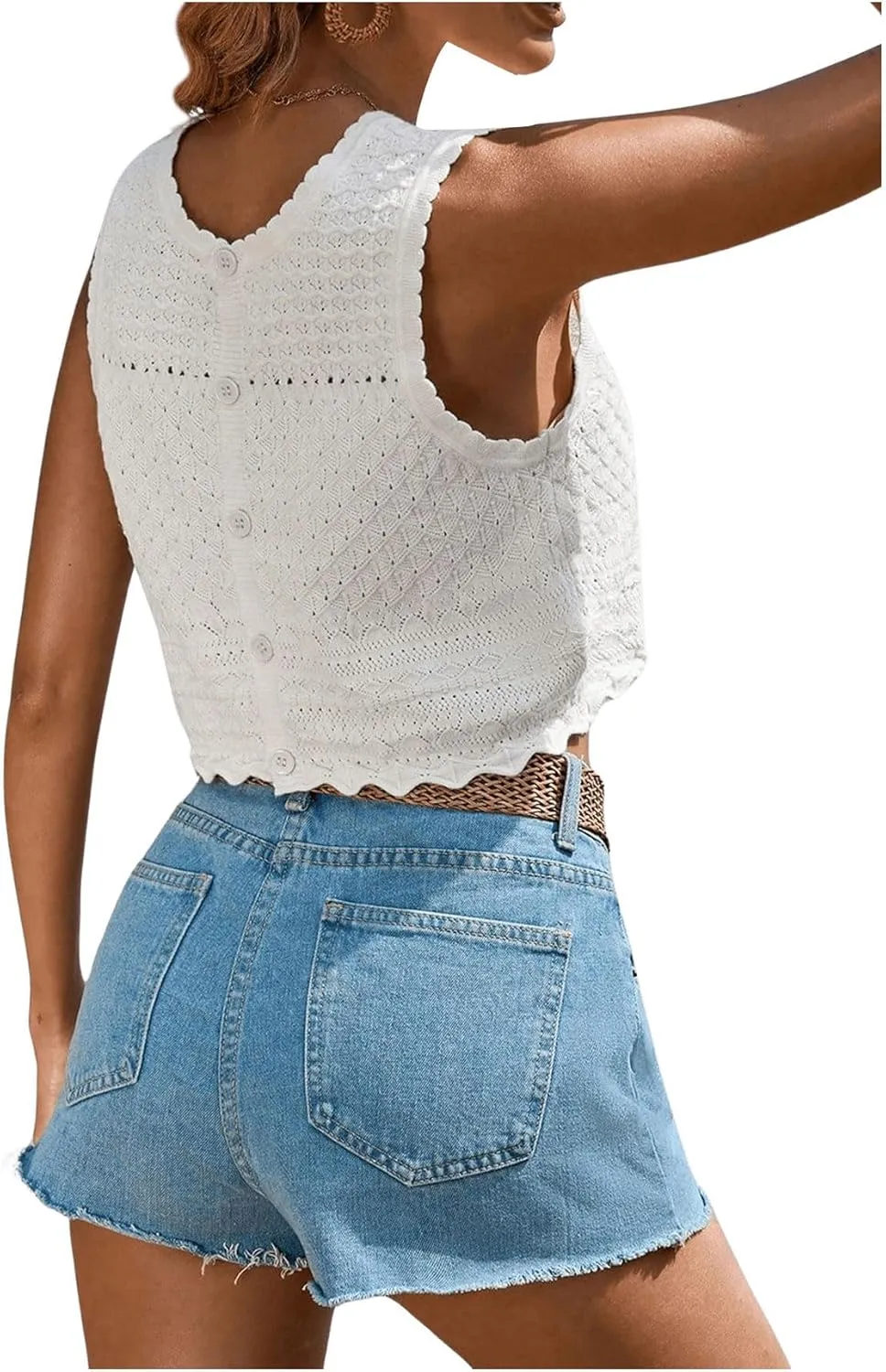 GORGLITTER Women's Crochet Tank Tops Sleveless Crew Neck Knit Lightweight Sweater Vest Button Back Summer Tops