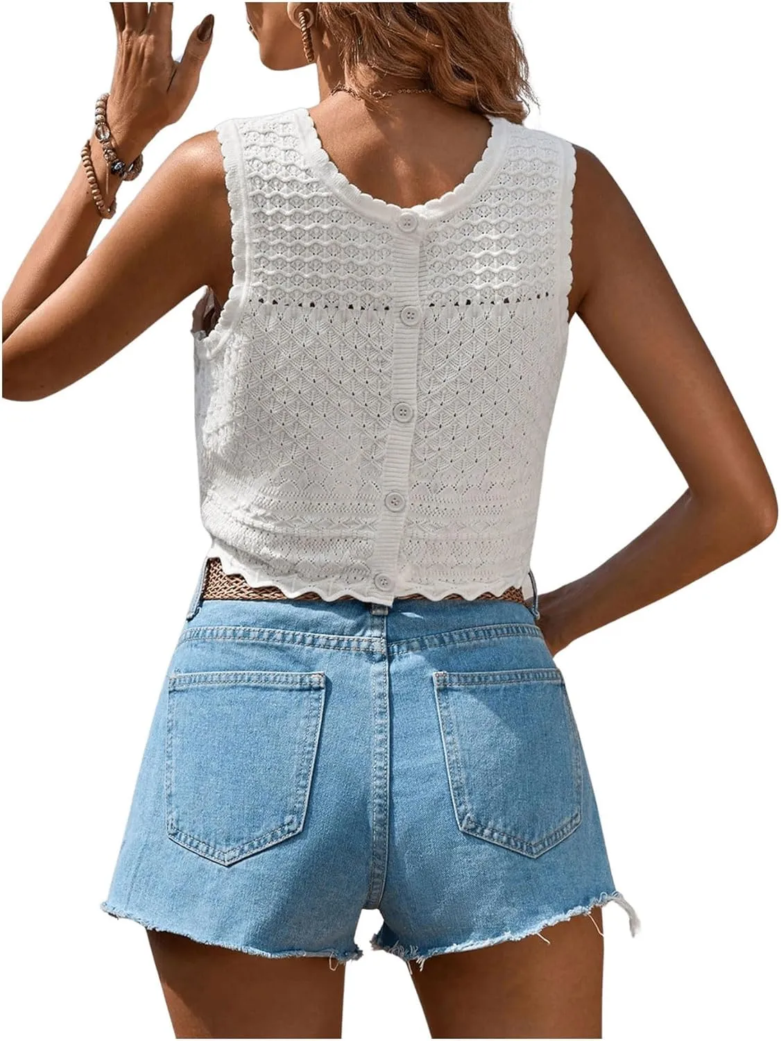 GORGLITTER Women's Crochet Tank Tops Sleveless Crew Neck Knit Lightweight Sweater Vest Button Back Summer Tops