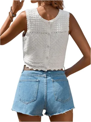 GORGLITTER Women's Crochet Tank Tops Sleveless Crew Neck Knit Lightweight Sweater Vest Button Back Summer Tops