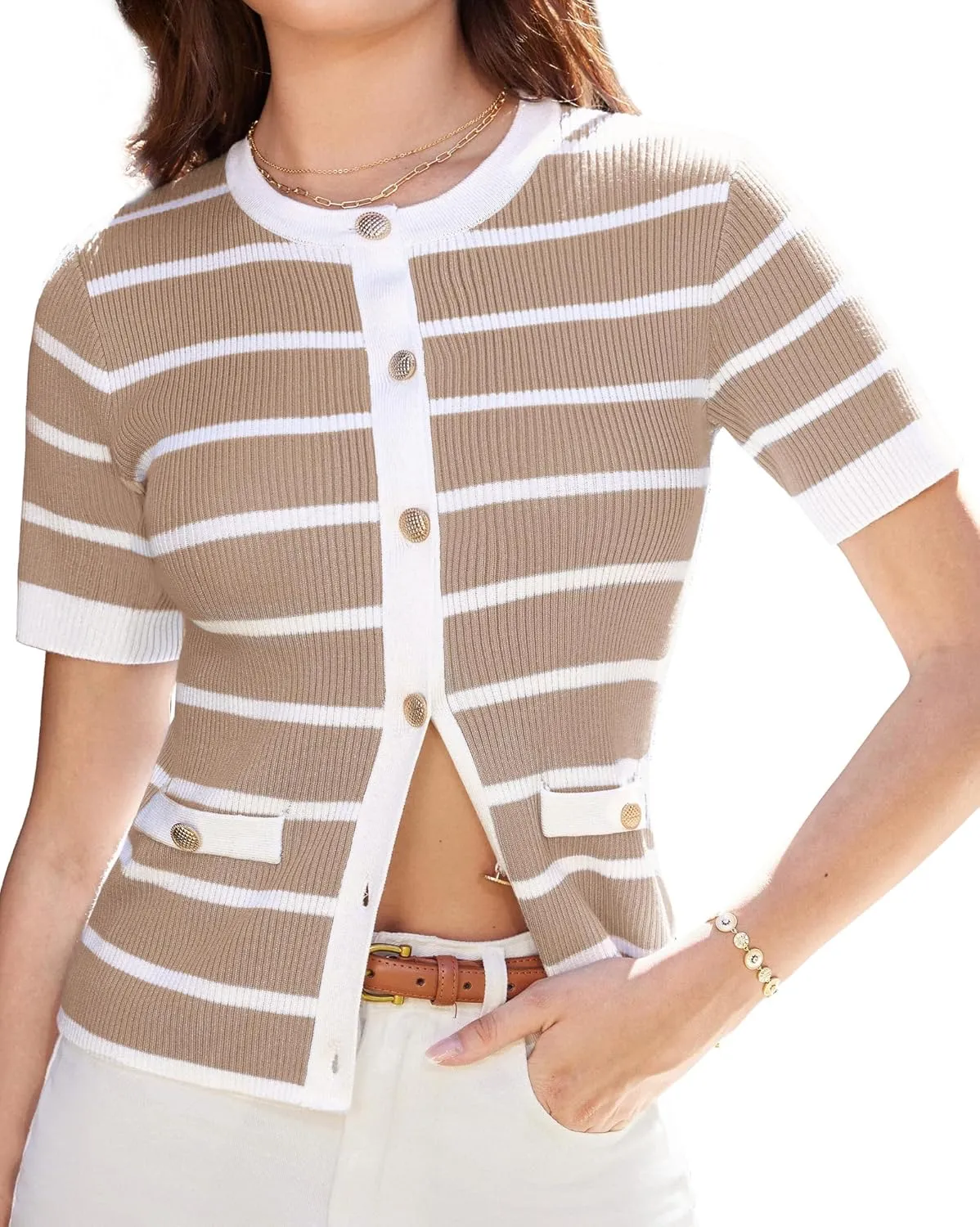 GRACE KARIN Women's Short Sleeve Striped Sweater Gold Button Cardigan Fitted Knit Crewneck Button Down Business Casual Top