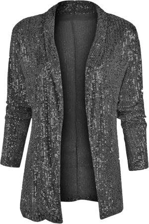 GRASWE Women's Sequin Shiny Blazers Open Front Blazer Long Sleeve Lapel Blazer