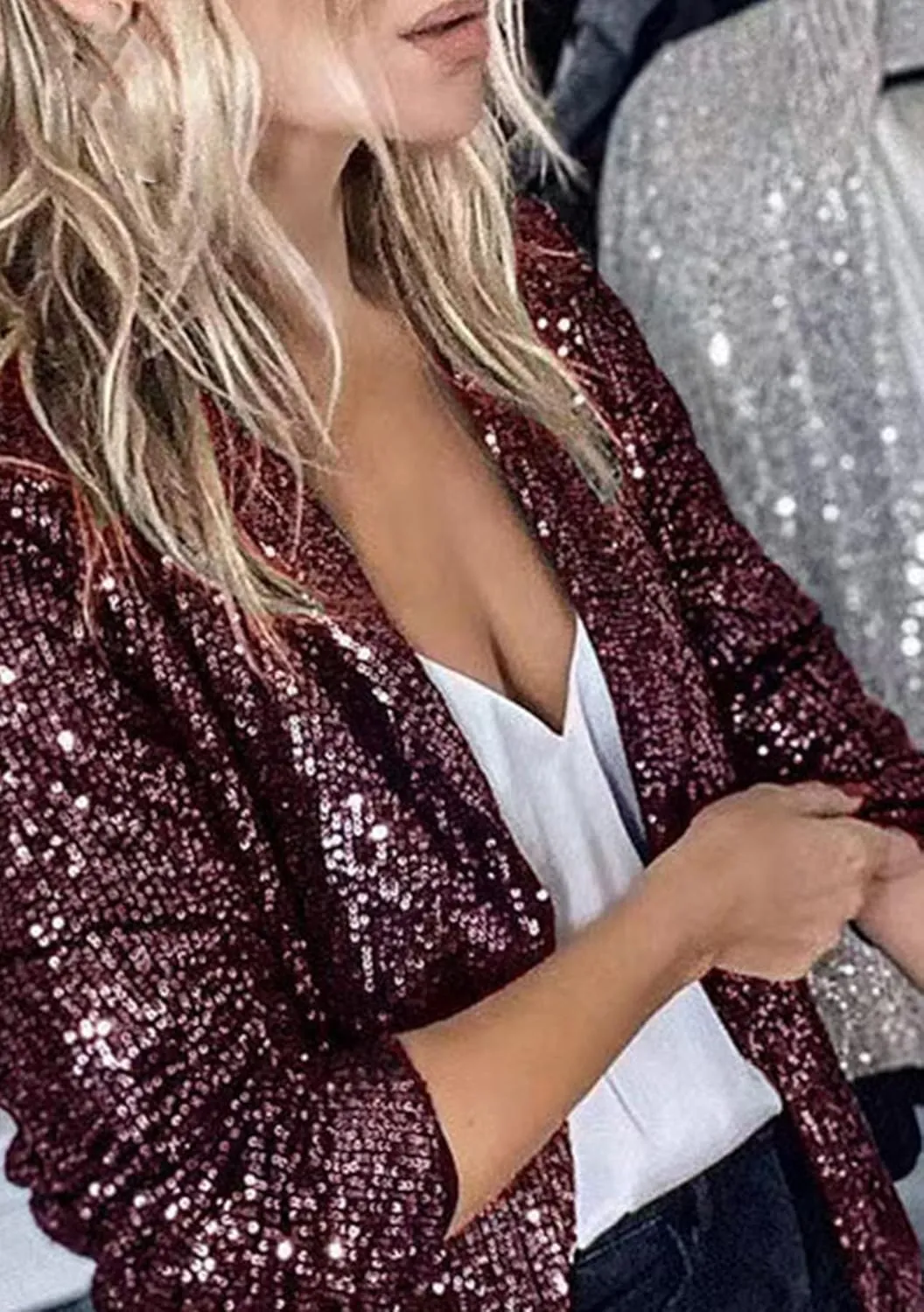GRASWE Women's Sequin Shiny Blazers Open Front Blazer Long Sleeve Lapel Blazer