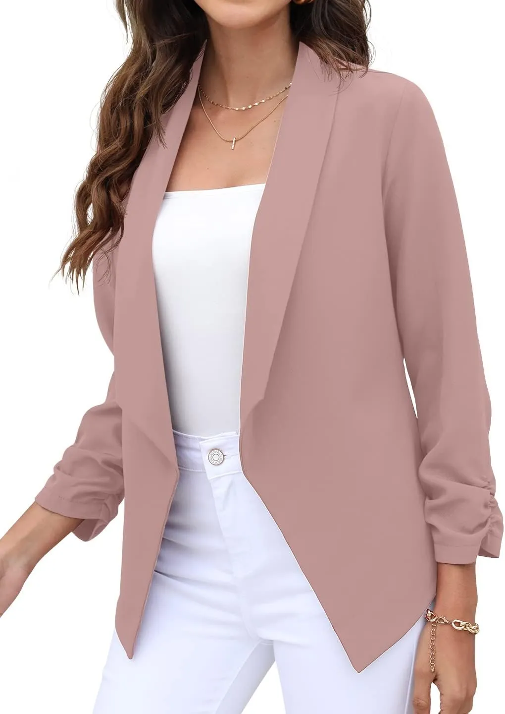 GRECERELLE Women's Blazer Suit Open Front Cardigan 3/4 Sleeve Fitted Jacket Casual Office Cropped Blazer
