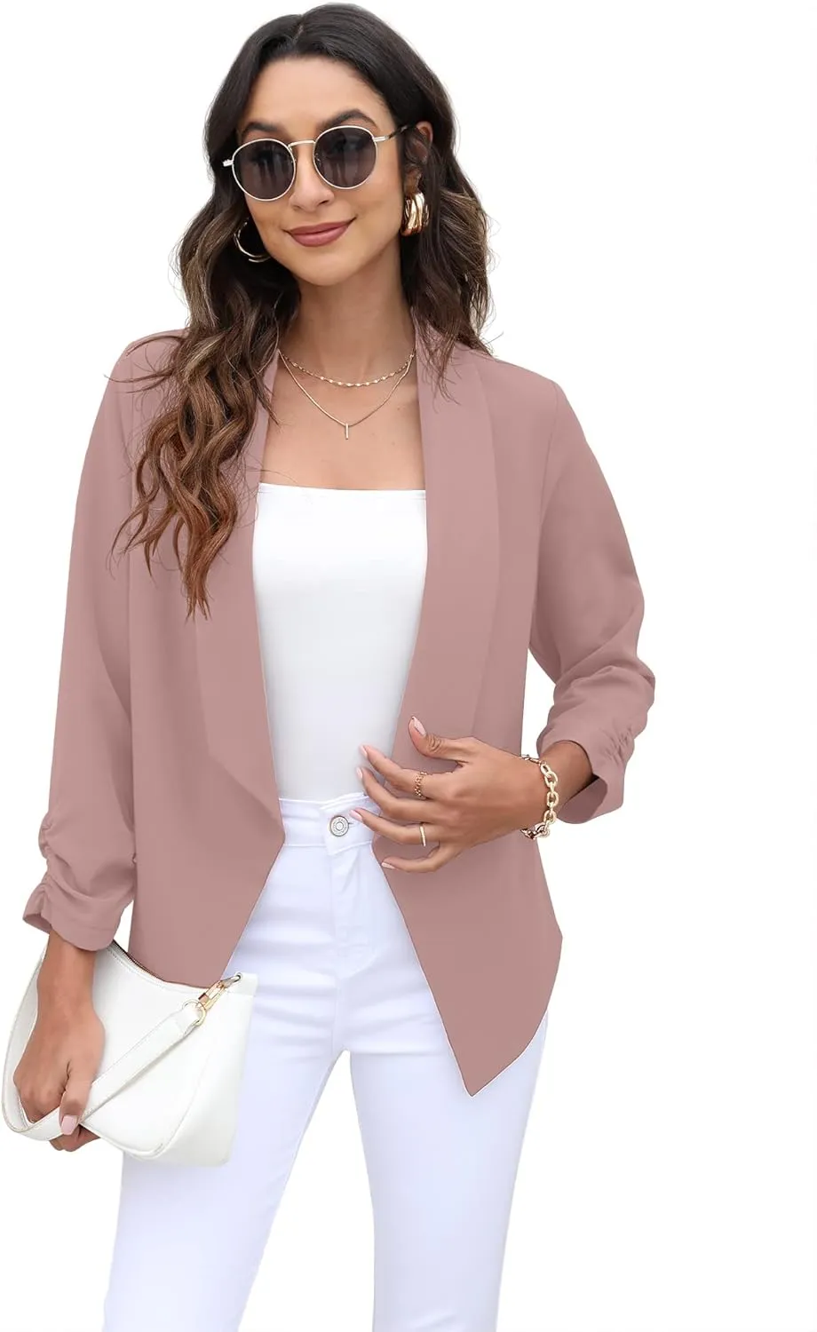 GRECERELLE Women's Blazer Suit Open Front Cardigan 3/4 Sleeve Fitted Jacket Casual Office Cropped Blazer