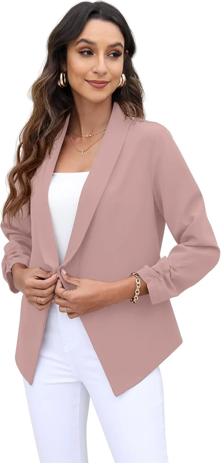 GRECERELLE Women's Blazer Suit Open Front Cardigan 3/4 Sleeve Fitted Jacket Casual Office Cropped Blazer
