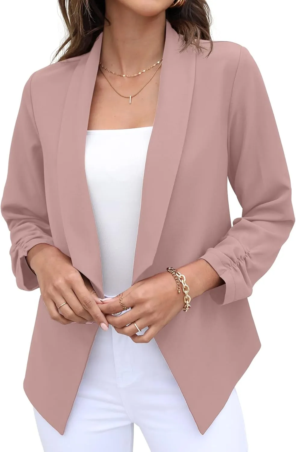 GRECERELLE Women's Blazer Suit Open Front Cardigan 3/4 Sleeve Fitted Jacket Casual Office Cropped Blazer