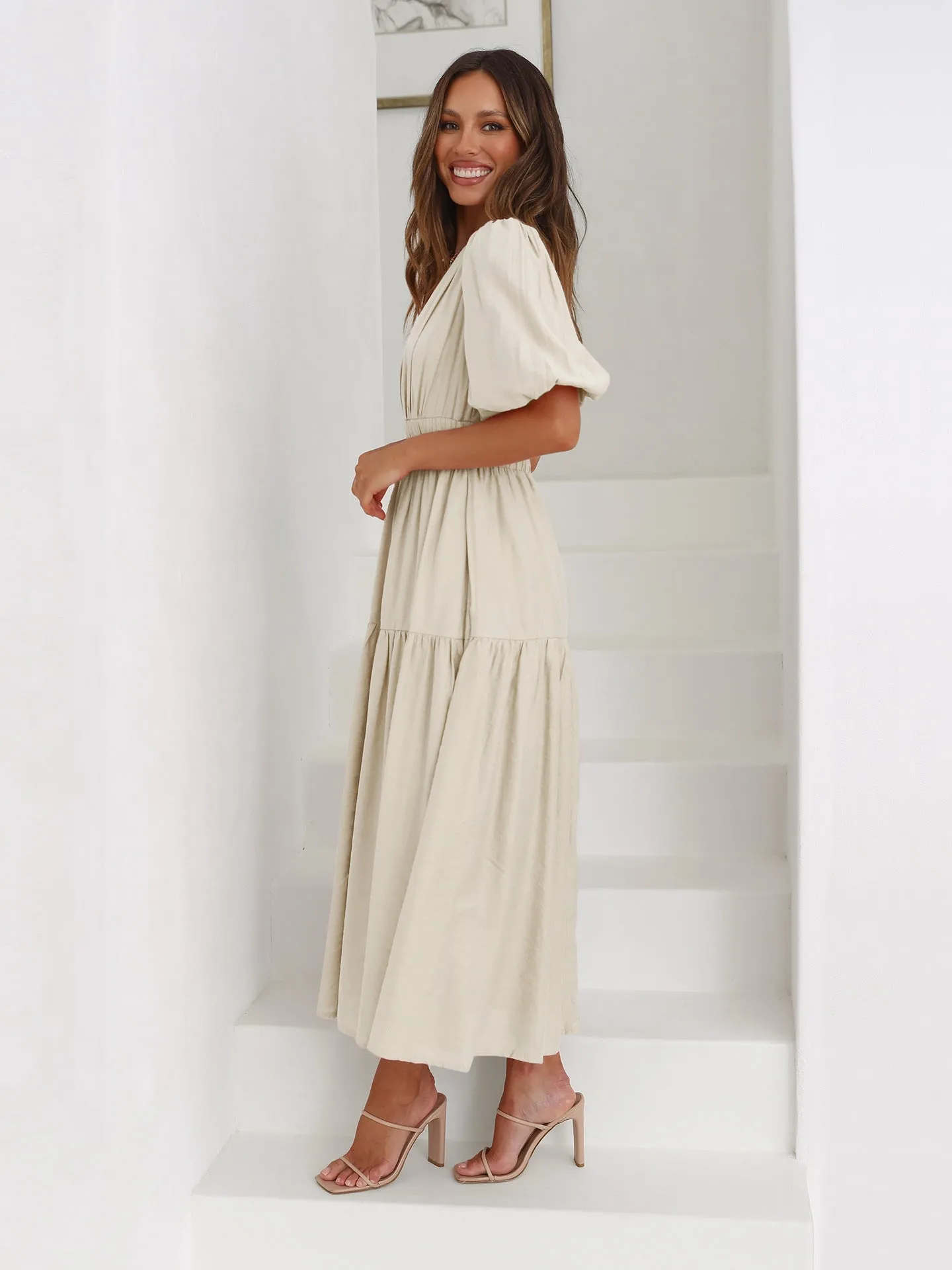 Grecian Getaway Balloon Sleeves Tiered Dress