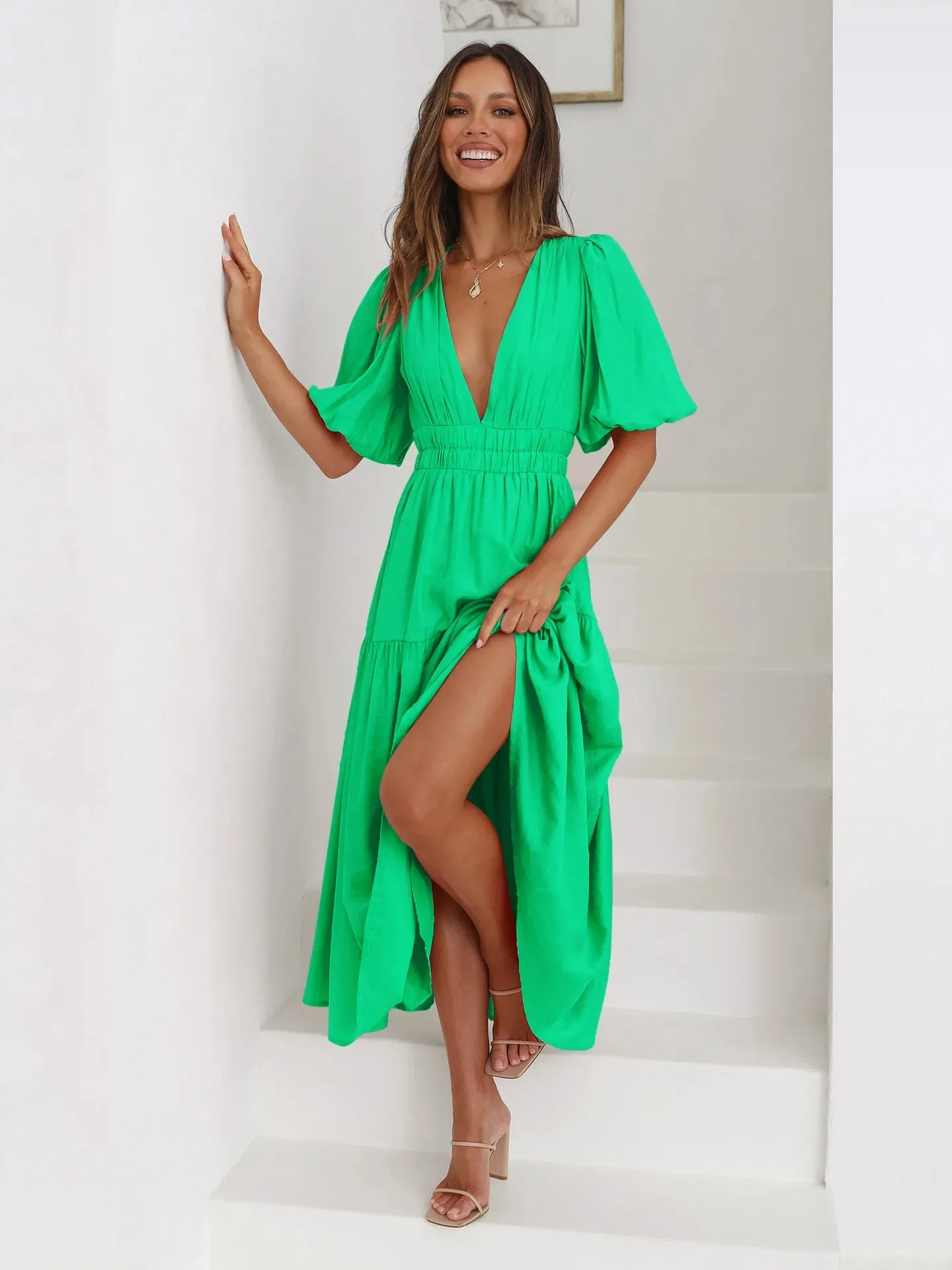 Grecian Getaway Balloon Sleeves Tiered Dress