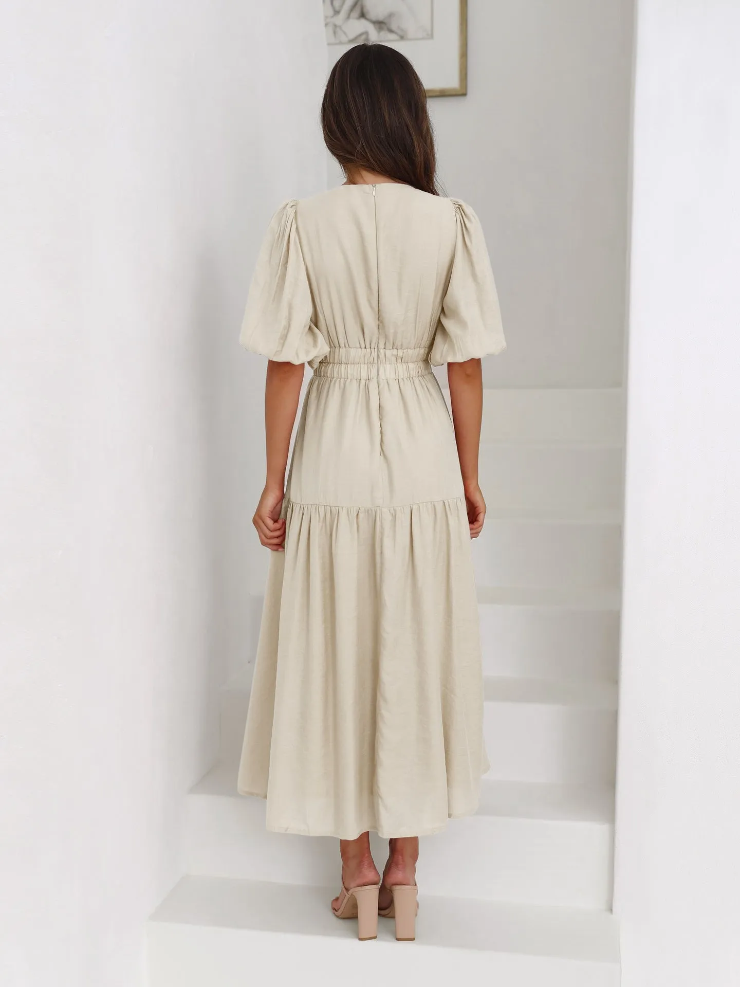 Grecian Getaway Balloon Sleeves Tiered Dress