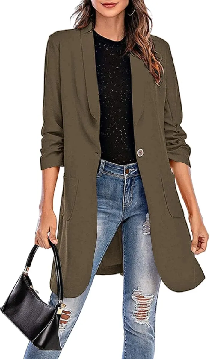 Grlasen Women's Casual Long Blazers Ruched 3/4 Sleeve Lapel Oversized Suit Jacket Elegant Work Office Blazer Jackets