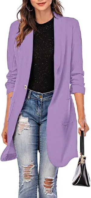 Grlasen Women's Casual Long Blazers Ruched 3/4 Sleeve Lapel Oversized Suit Jacket Elegant Work Office Blazer Jackets