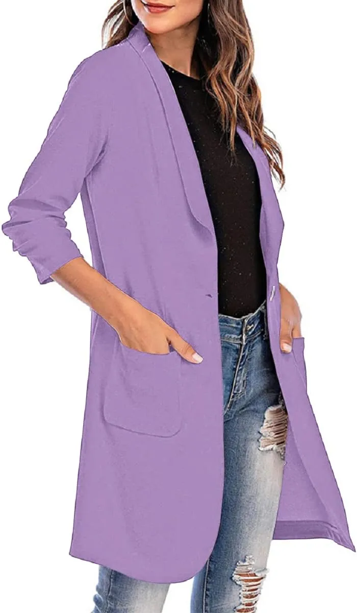 Grlasen Women's Casual Long Blazers Ruched 3/4 Sleeve Lapel Oversized Suit Jacket Elegant Work Office Blazer Jackets