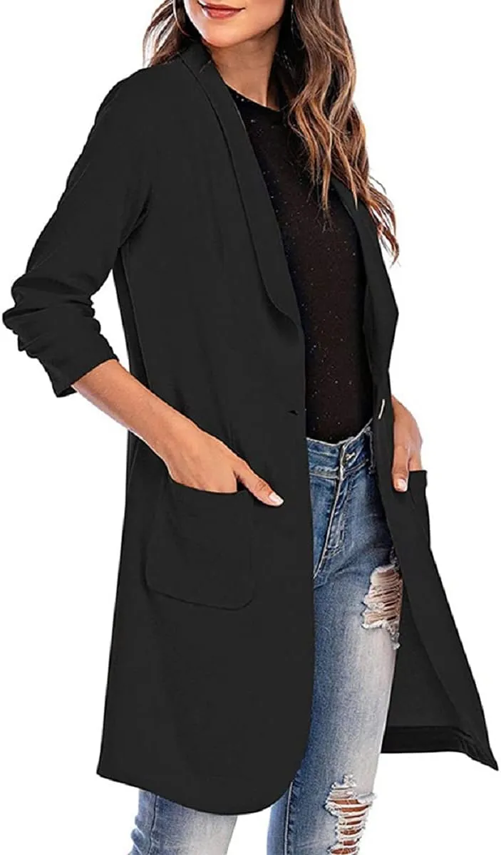 Grlasen Women's Casual Long Blazers Ruched 3/4 Sleeve Lapel Oversized Suit Jacket Elegant Work Office Blazer Jackets
