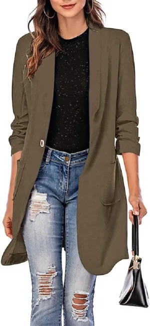 Grlasen Women's Casual Long Blazers Ruched 3/4 Sleeve Lapel Oversized Suit Jacket Elegant Work Office Blazer Jackets