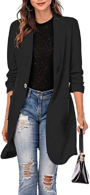 Grlasen Women's Casual Long Blazers Ruched 3/4 Sleeve Lapel Oversized Suit Jacket Elegant Work Office Blazer Jackets