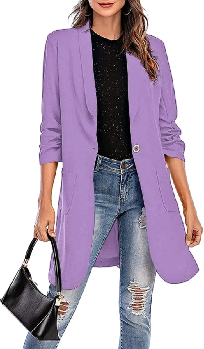 Grlasen Women's Casual Long Blazers Ruched 3/4 Sleeve Lapel Oversized Suit Jacket Elegant Work Office Blazer Jackets