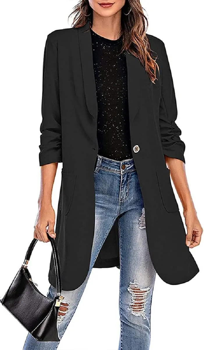 Grlasen Women's Casual Long Blazers Ruched 3/4 Sleeve Lapel Oversized Suit Jacket Elegant Work Office Blazer Jackets