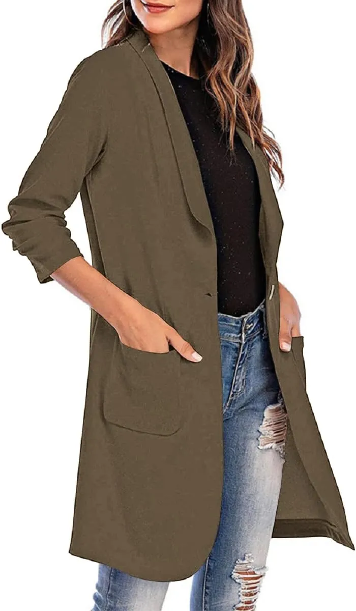 Grlasen Women's Casual Long Blazers Ruched 3/4 Sleeve Lapel Oversized Suit Jacket Elegant Work Office Blazer Jackets