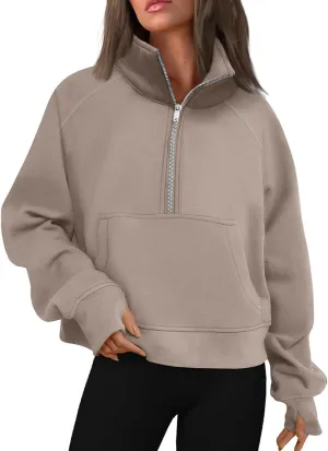 Half Zip Sweatshirt Women Fleece Thumb Hole Cropped Sweatshirts Stand Collared Loose Fit Plain Zip Up Pullover Tops