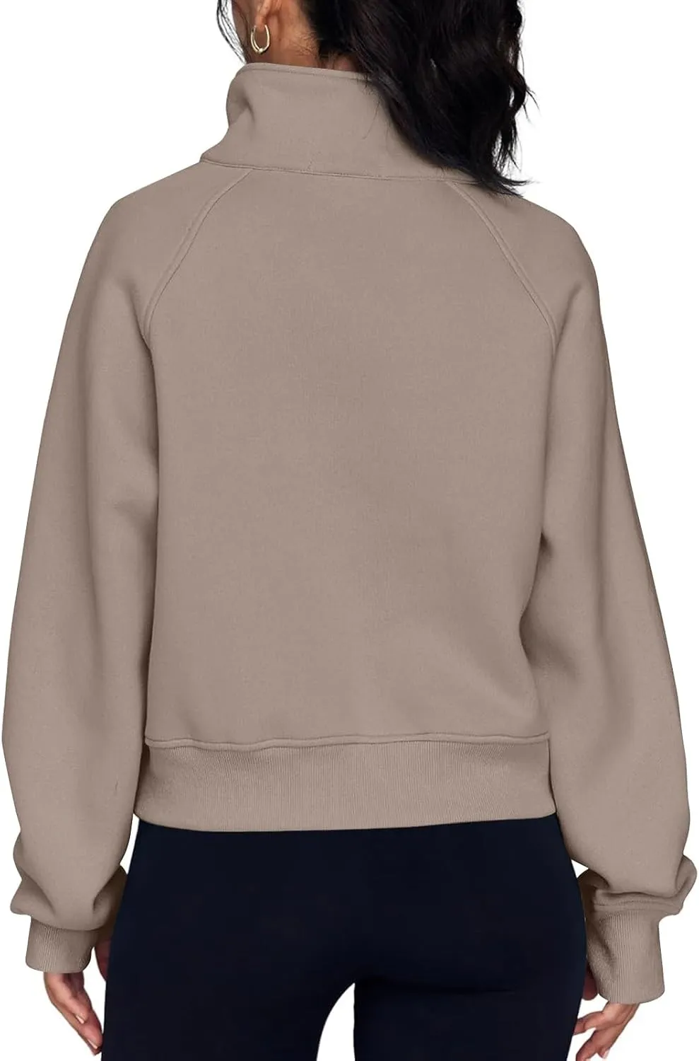 Half Zip Sweatshirt Women Fleece Thumb Hole Cropped Sweatshirts Stand Collared Loose Fit Plain Zip Up Pullover Tops