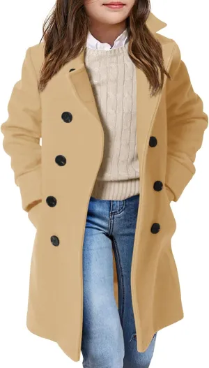 Haloumoning Girls Double Breasted Trench Coat Kids Notch Lapel Long Peacoat with Pockets 5-14 Years
