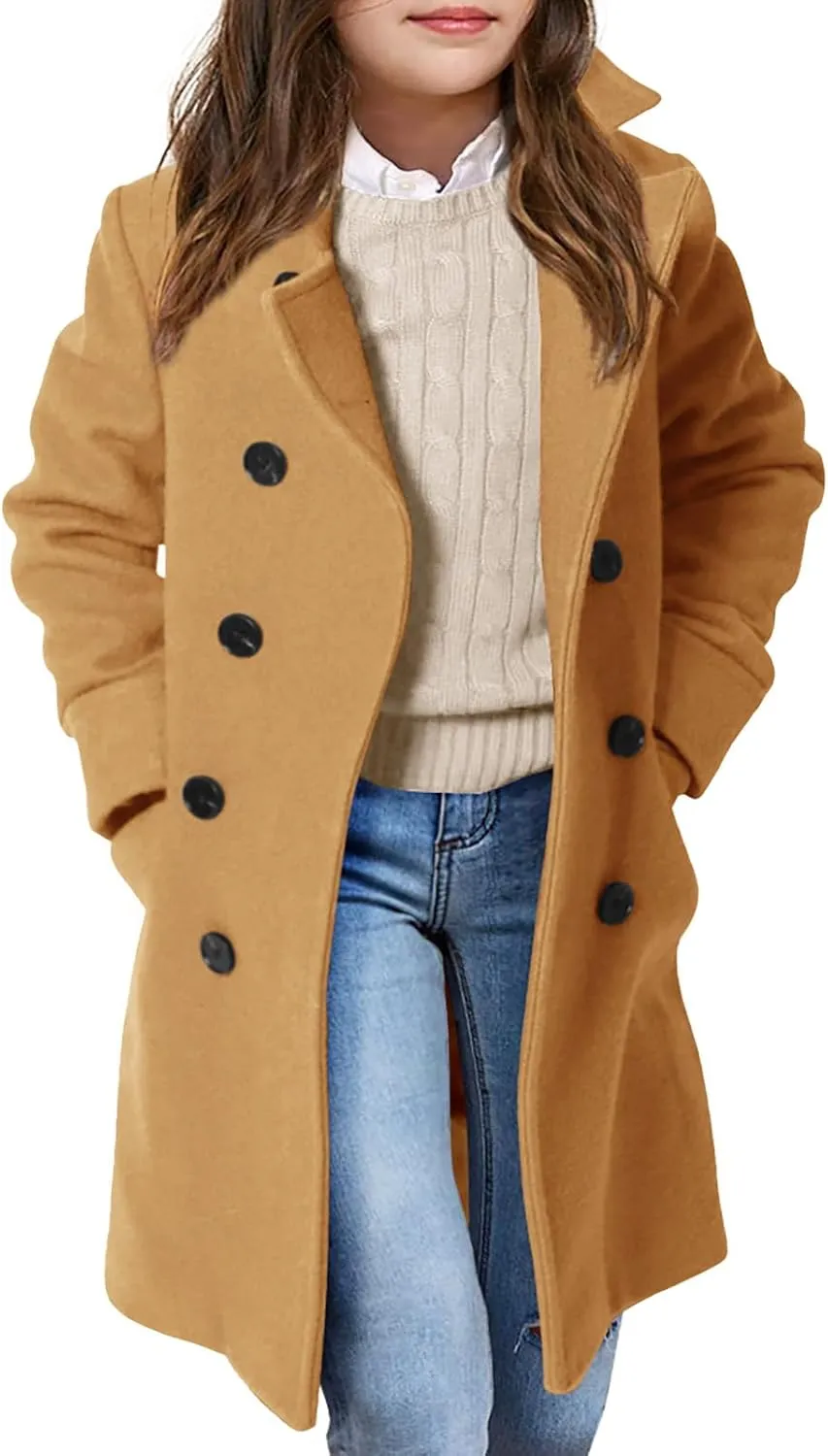 Haloumoning Girls Double Breasted Trench Coat Kids Notch Lapel Long Peacoat with Pockets 5-14 Years