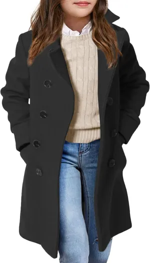 Haloumoning Girls Double Breasted Trench Coat Kids Notch Lapel Long Peacoat with Pockets 5-14 Years