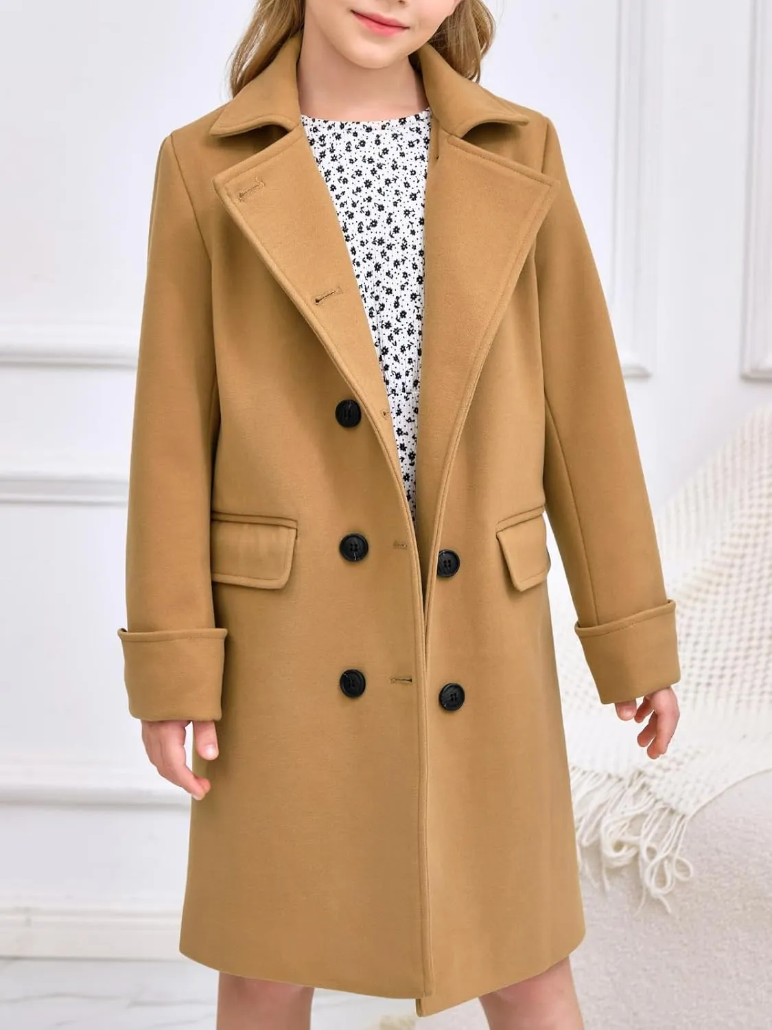 Haloumoning Girls Double Breasted Trench Coat Kids Notch Lapel Long Peacoat with Pockets 5-14 Years