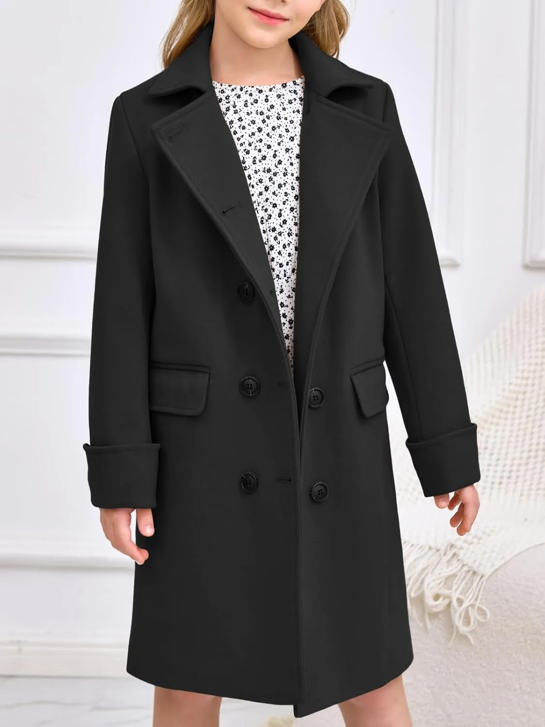 Haloumoning Girls Double Breasted Trench Coat Kids Notch Lapel Long Peacoat with Pockets 5-14 Years