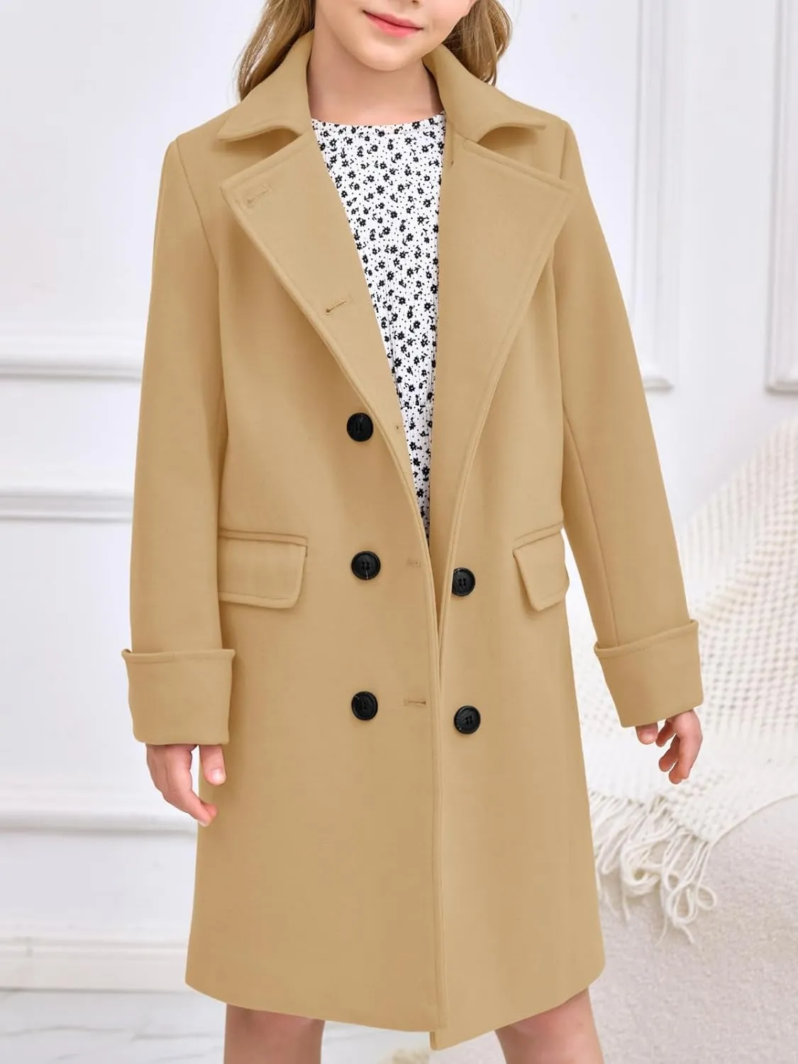 Haloumoning Girls Double Breasted Trench Coat Kids Notch Lapel Long Peacoat with Pockets 5-14 Years
