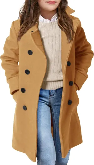 Haloumoning Girls Double Breasted Trench Coat Kids Notch Lapel Long Peacoat with Pockets 5-14 Years