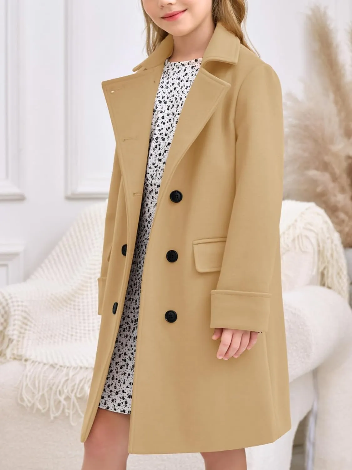 Haloumoning Girls Double Breasted Trench Coat Kids Notch Lapel Long Peacoat with Pockets 5-14 Years