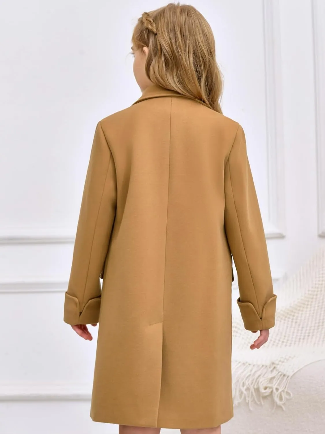 Haloumoning Girls Double Breasted Trench Coat Kids Notch Lapel Long Peacoat with Pockets 5-14 Years