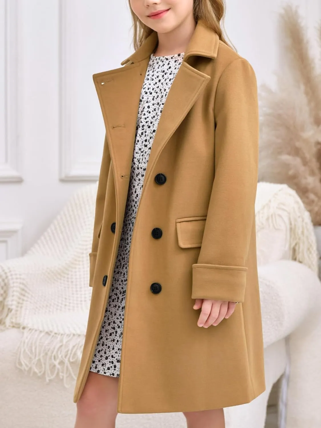 Haloumoning Girls Double Breasted Trench Coat Kids Notch Lapel Long Peacoat with Pockets 5-14 Years