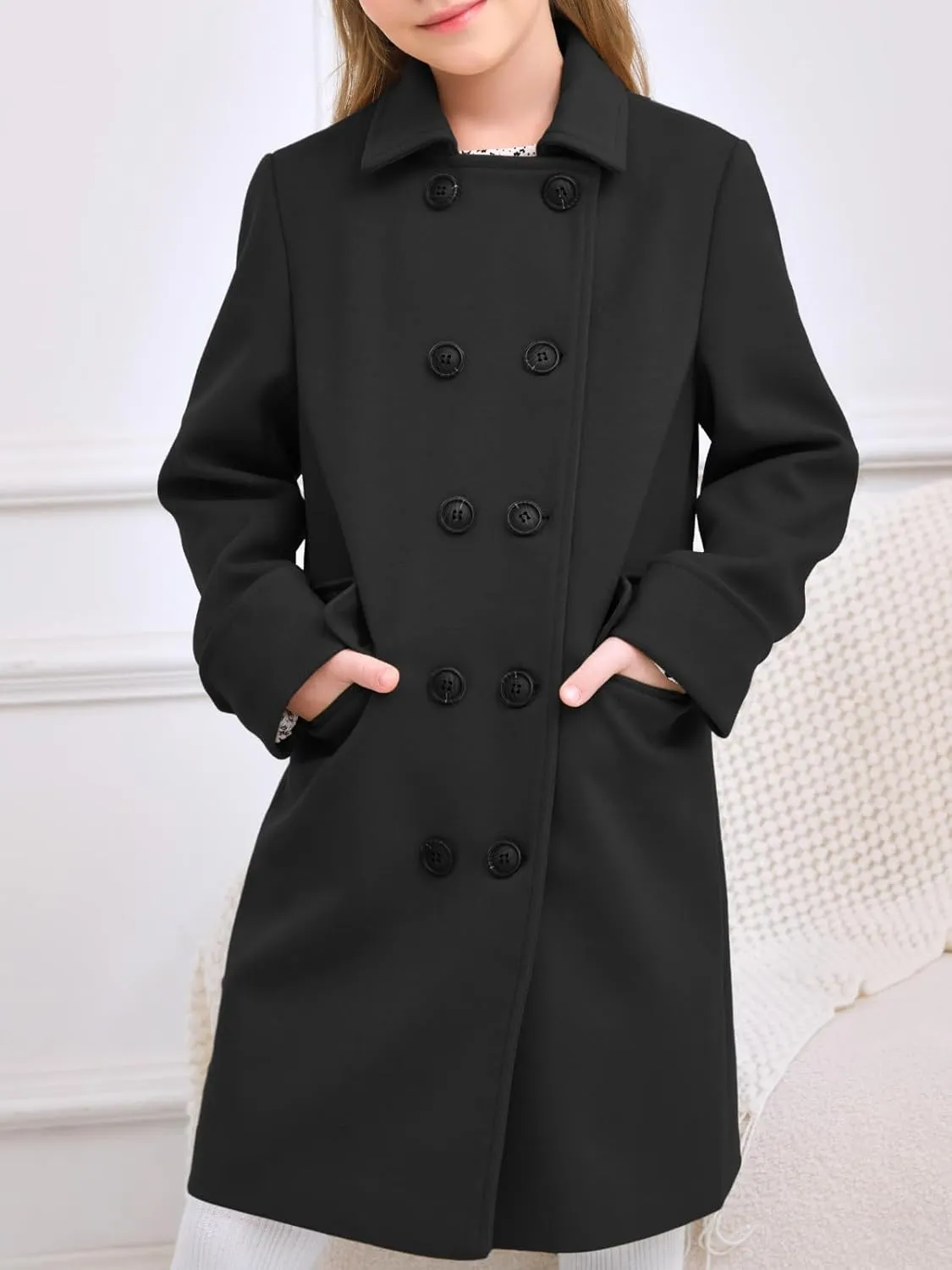 Haloumoning Girls Double Breasted Trench Coat Kids Notch Lapel Long Peacoat with Pockets 5-14 Years