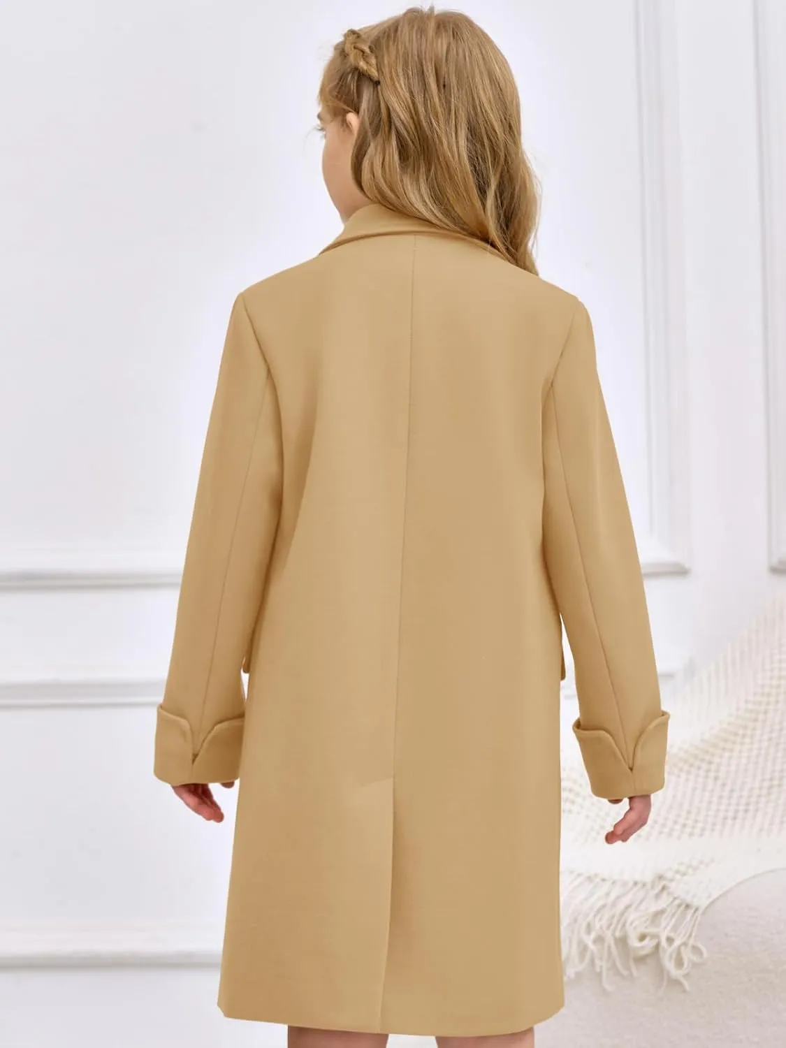 Haloumoning Girls Double Breasted Trench Coat Kids Notch Lapel Long Peacoat with Pockets 5-14 Years