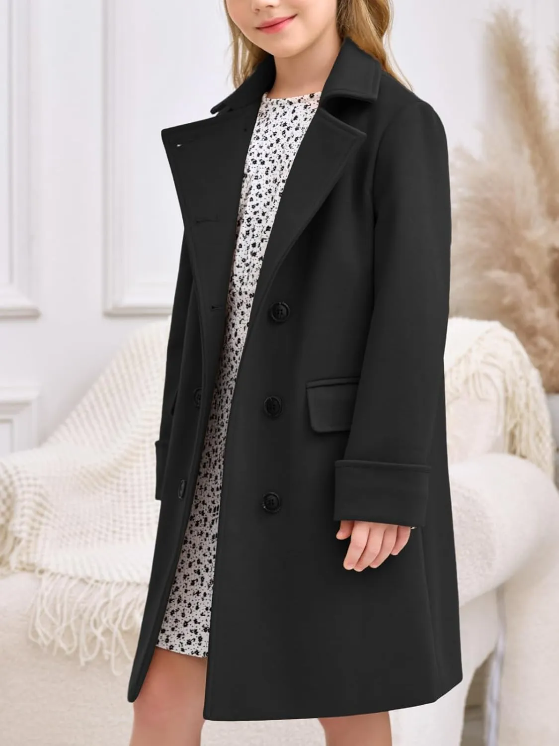 Haloumoning Girls Double Breasted Trench Coat Kids Notch Lapel Long Peacoat with Pockets 5-14 Years